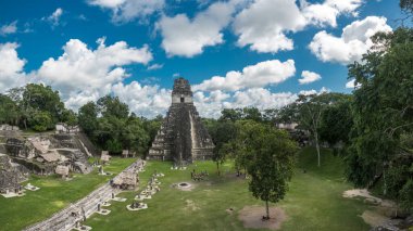 Piramit ve Tikal Park 'taki tapınak. Guatemala 'da Maya tapınakları ve seremoni kalıntıları olan gezici bir nesne. Tikal, Kuzey Guatemala 'daki yağmur ormanlarında bulunan antik bir Maya Kalesidir..