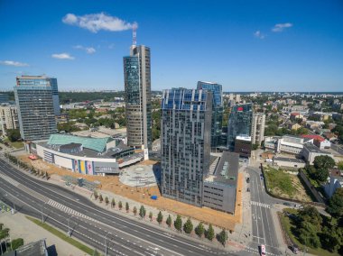 VILNIUS, LITHUANIA - 04 Ağustos 2018: Vilnius İş Bölgesi Şehir Belediyesi Arkaplanda. Litvanya