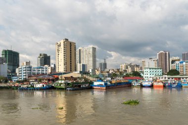 MANILA, PHILIPPINES - 18 HAZİRAN 2018: Pasig Nehri, Manila, Filipinler. Arkaplanda Ağaç ve Teknelerin Akan Dalı