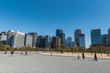 TOKYO, JAPONYAN - 18 Şubat 2018: Tokyo Şehir Manzarası Arka planda ve Park Önplanda Yol ve Gökdelenler Açık Mavi Gökyüzü. Japonya. Kraliyet Sarayı 'na yakın.