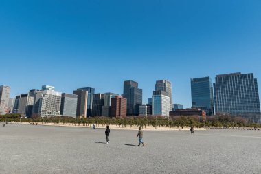 TOKYO, JAPONYAN - 18 Şubat 2018: Tokyo Şehir Bahçesi ve Öndeki Park ve Açık Mavi Gökyüzü ile Gökdelenler. Japonya. Kraliyet Sarayı 'na yakın.