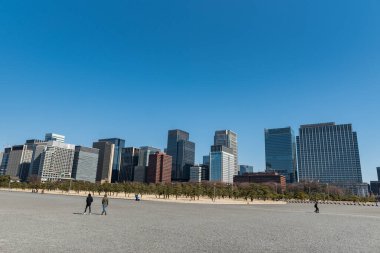 TOKYO, JAPONYAN - 18 Şubat 2018: Tokyo Şehir Bahçesi ve Öndeki Park ve Açık Mavi Gökyüzü ile Gökdelenler. Japonya. Kraliyet Sarayı 'na yakın.