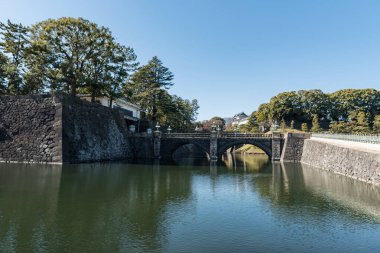 Chiyoda Parkı 'ndaki nehir, İmparatorluk Sarayı bölgesi. Manzaralı bir yer. Arka planda açık mavi gökyüzü. Arkaplanda Köprü.