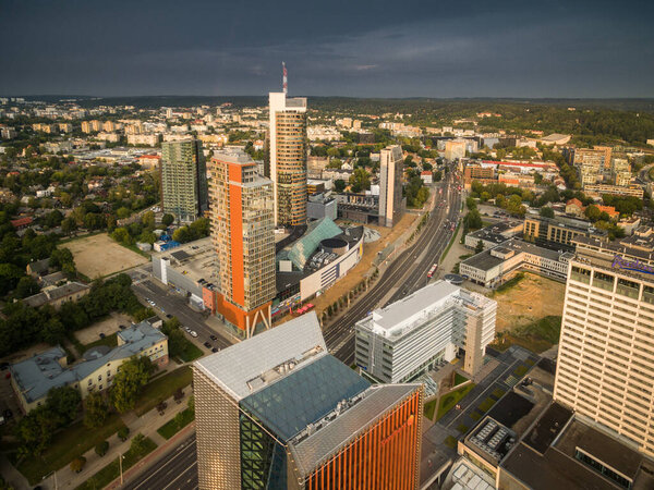 VILNIUS,LITHUANIA - AUGUST 13, 2018: Vilnius Business District with City Municipality In Background. Lithuania. Stormy Sky