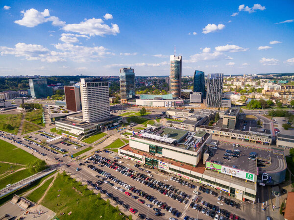 VILNIUS, LITHUANIA - MAY 07, 2016: Vilnius Business District with Municipality and Business Skyscraper In Background.