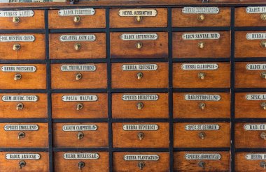 Eczane Müzesi 'ndeki çekmecede. Lviv, Ukrayna.