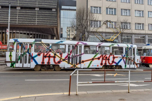 Prague Czech March 2016 Prague Downtown Colorful Tram Pasangers — Stock Photo, Image