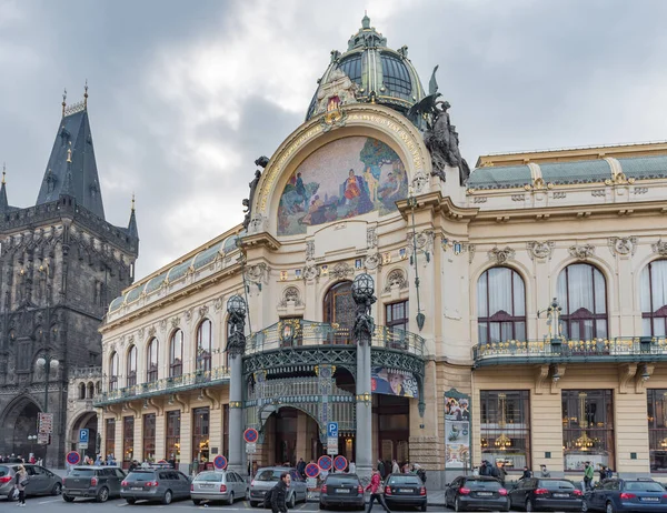 Prague Tjeckien Mars 2016 Kavarna Obecnidum Palace Prag Och Pulvertornet — Stockfoto