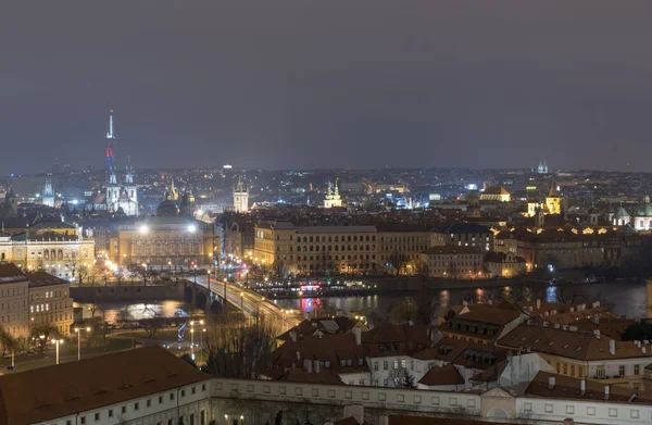 Night Cityscape Prague Czech Long Exposure Photo Tower Background — Stock Photo, Image