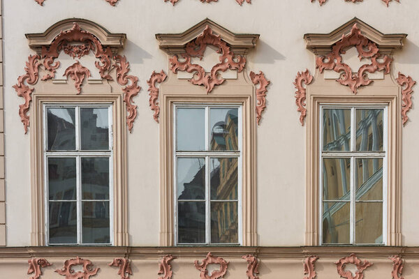 PRAGUE, CZECH - MARCH 14, 2016: Outdoor Exterior Architecture With Windows in Prague, Czech. Old Town Square.