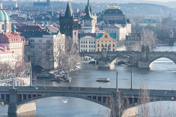 Praha Český Března 2016 Pražská Panorama Řekou Lvtanou Karlovým Mostem — Stock fotografie