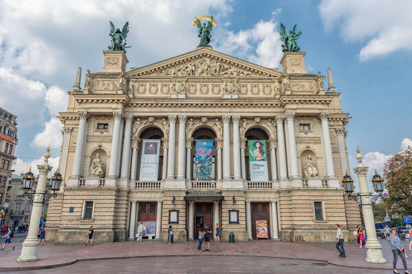 LVIV, UKRAINE - SEPTEMBER 09, 2016: Lviv City With Local Architecture and People. Lviv National Academic theatre of opera and ballet named after Solomiya Krushelnytska