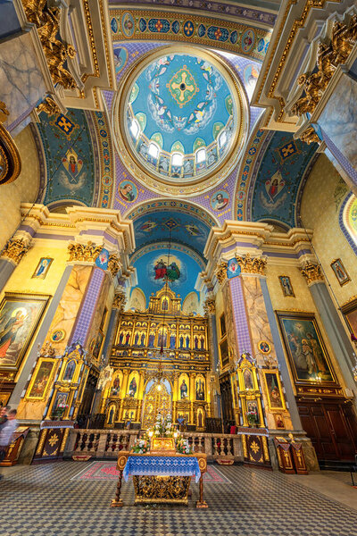 LVIV, UKRAINE - SEPTEMBER 09, 2016: Lviv City Church Interior. Luxury Gold Ornamen.