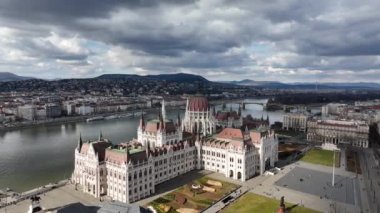 Awe Inspiring Drone Shot of Hungarian Parliament Building and Danube River in Budapest Cityscape from a Birds Eye View