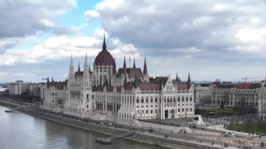 Awe Inspiring Drone Shot of Hungarian Parliament Building and Danube River in Budapest Cityscape from a Birds Eye View