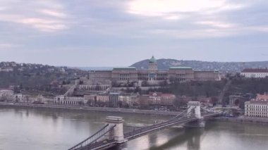 Buda Castle and Szechenyi Chain Bridge in Budapest, Hungary.