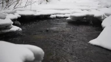 Bir nehrin kış manzarası, su yavaşça nehirden aşağı akıyor. Nehirde eriyen buzlar. Litvanya