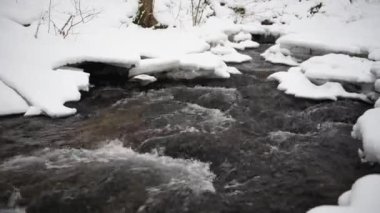 Bir nehrin kış manzarası, su yavaşça nehirden aşağı akıyor. Nehirde eriyen buzlar. Litvanya