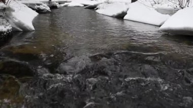 Bir nehrin kış manzarası, su yavaşça nehirden aşağı akıyor. Nehirde eriyen buzlar. Litvanya. Yavaş Hareket