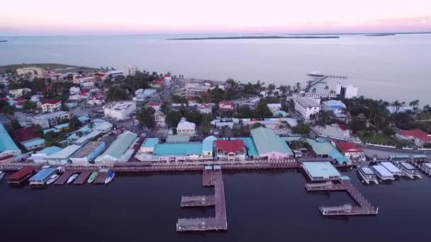 Sunset Belize City Downtown Caribbean Country Drone Point View Beautiful — Stock Video