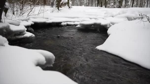 Paisaje Invernal Río Agua Fluye Lentamente Río Abajo Derretimiento Hielo — Vídeos de Stock