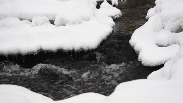 Winterlandschaft Eines Flusses Das Wasser Fließt Langsam Den Fluss Hinunter — Stockvideo