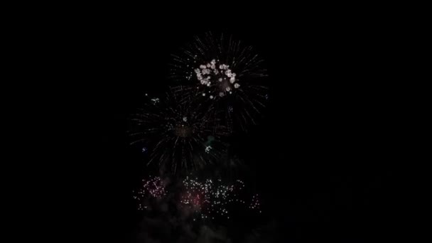 Πυροτεχνήματα Νύχτα Σκοτεινό Ουρανό Και Πολύχρωμη Έκρηξη Φεστιβάλ — Αρχείο Βίντεο