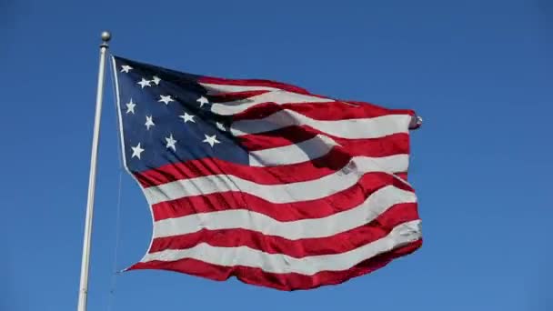 在蓝天飘扬着美国国旗 美国国旗 飘扬着美国著名的国旗 艳阳天 — 图库视频影像