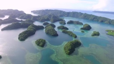 Koror Adası 'nın havadan görünüşü, bir sürü yemyeşil Islets. Renkli mercan resifleri ve tropikal gölleri olan deniz burnu. Palau 'nun havadan görünüşü. İHA.