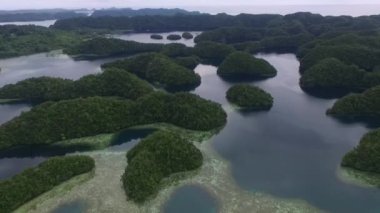 Palau ve Koror Adası 'nın arka planında çok sayıda küçük Islets var. Mercan Kayalıkları ve Göl. İHA.