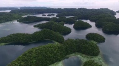 Palau ve Koror Adası 'nın arka planında çok sayıda küçük Islets var. Mercan Kayalıkları ve Göl. İHA.