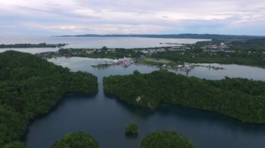Palau 'daki Koror adasının deniz manzarası. Arka planda şehir manzarası. İHA.