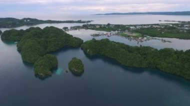 Palau 'daki Koror adasının deniz manzarası. Temiz Su ve Şehir Meyungları arka planda. İHA.