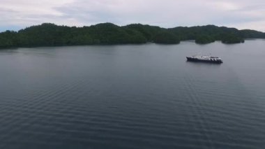Palau 'daki Koror adasının deniz manzarası. Arka planda gemi ve feribot. Tekne. İHA.