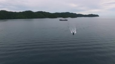 Palau 'daki Koror adasının deniz manzarası. Arka planda gemi ve feribot. Tekne. İHA.