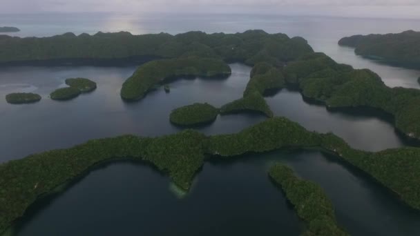 Vista Aérea Isla Koror Muchos Isletas Verdes Palau Seascape Colorful — Vídeos de Stock