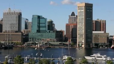 Baltimore 'un İç Liman' ının havadan görüntüsü. Şehir manzarası, Arkaplanda Ulusal Akvaryum, Tekneler, Feribot ve Önplanda Lüks Yatlar. Maryland Eyaleti