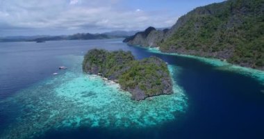 Coron, Palawan, Filipinler 'deki Malwawey Coral Garden. Arka plandaki manzara ve adalar. Turistler arasında çok popüler bir yer. Gezmek için. 4k Drone
