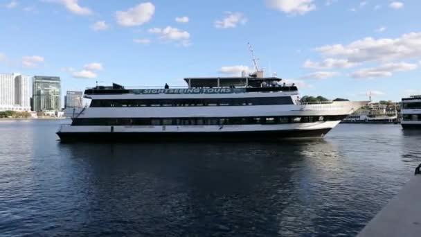 ボルチモア インナー ハーバー スピリット市内の大型クルーズ船インナー ハーバー水路のツアーで乗客を取るメリーランド州 — ストック動画