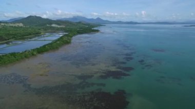 Filipinler, Palawan 'daki Puerto Prensesi. Honda Bay 'de sahil şeridi ve botlar arka planda. Sulu Denizi. İHA