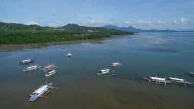 Filipinler, Palawan 'daki Puerto Prensesi. Honda Bay 'de sahil şeridi ve botlar arka planda. Sulu Denizi. İHA