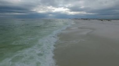 Arka planda boş Pensacola Sahili ve Denizi. Florida mı? Meksika Körfezi. Arka planda iki kişi. İHA