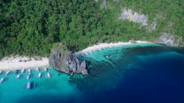 7个突击队和帕帕亚海滩在巴拉望 观光的地方 在菲律宾El Nido的旅游A 宁静的白色沙滩 清澈碧绿的水 棕榈树 背景岩层形成 — 图库视频影像