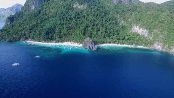 7个突击队和帕帕亚海滩在巴拉望 观光的地方 在菲律宾El Nido的旅游A 宁静的白色沙滩 清澈碧绿的水 棕榈树 背景岩层形成 — 图库视频影像