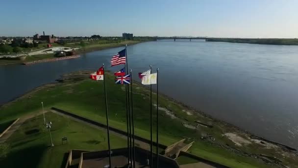 Ondeando Banderas Mud Island River Park Memphis Tennessee Puente Hernando — Vídeo de stock