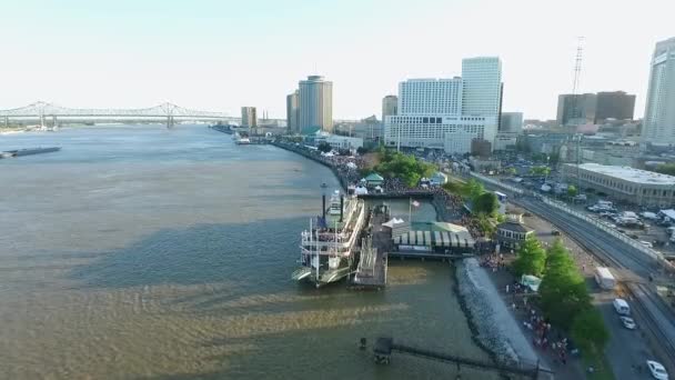 New Orleans Cityscape Louisiana Mississippi River City Skyline Stoomboot Natchez — Stockvideo
