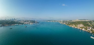 İstanbul Boğazı Köprüsü panorama fotoğrafı, Türkiye. İstanbul Kanalı, Boğaz Kanalı. Drone Bakış Açısı.