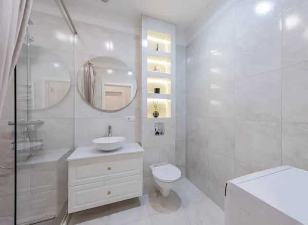 Modern Bathroom Interior. Bathroom Sink, Decoration and Mirror. Shower Glass. Luxury Home.