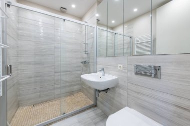 Parlak Zarif Modern Minimalist Banyo Beyaz Lavabolu Duş Odasının İç Tasarımı. Banyo aksesuarları, Gri Duvarlar, Beton Döşeme, Ayna