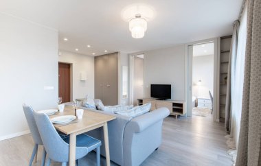 Oturma odası ve yemek masası. Kanepe. Gri kanepe, Dinnig Masa, Perdeler, aksesuarlar ve dullarla mutfak ve oturma odası kompozisyonu. Ev dekoru. Duvardan ve TV ekranından izle.